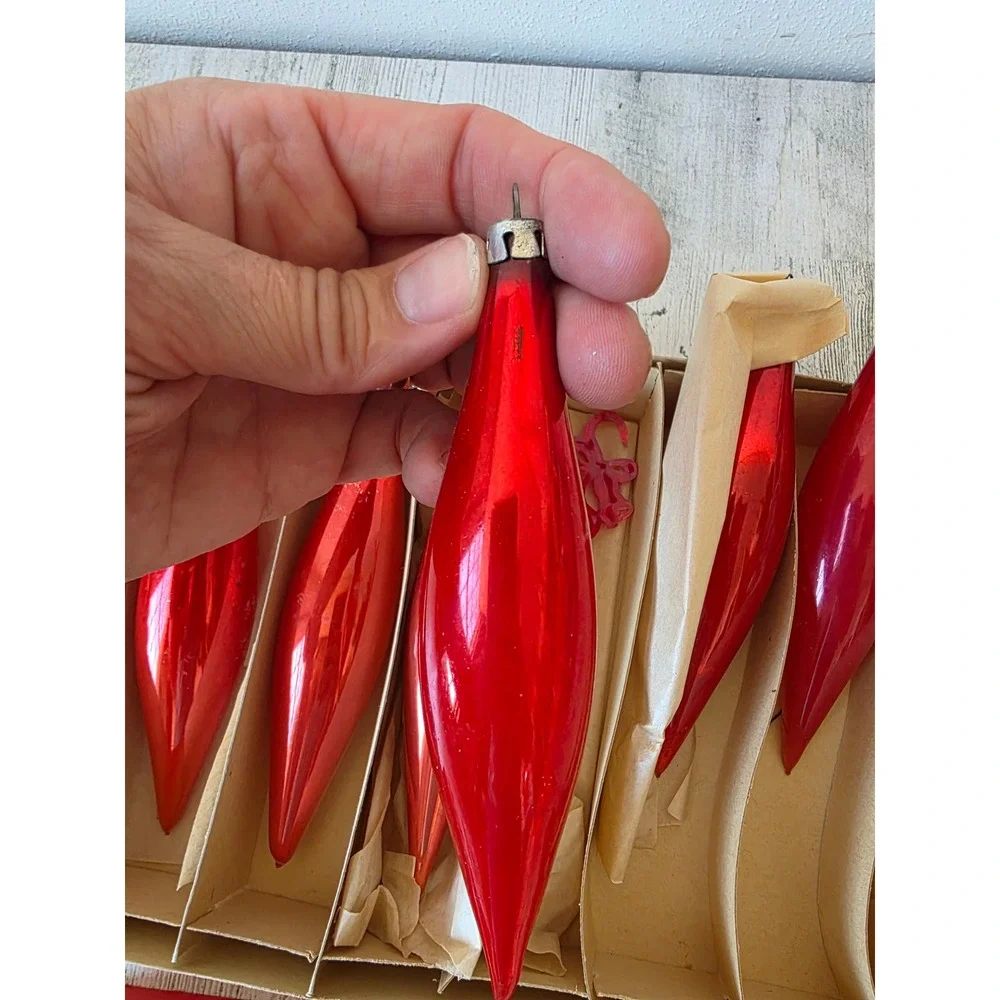 Vintage red icicle Poland set ornament Xmas tree